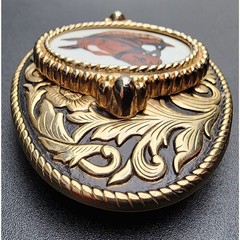 Vintage Brass Horse Head Belt Buckle with Porcelain Cameo 3.25&Prime; Western