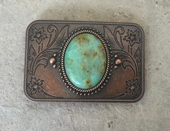 Copper Turquoise Western Belt Buckle Engraved Bronze Flower Cowboy Style