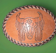 Handmade Leather Tooled Native Steer Head Belt Buckle 4&Prime; X 3&Prime;