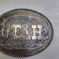 Vintage Utah Belt Buckle Silver Tone Floral Scroll Swirl Western Oval