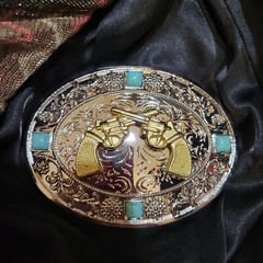 Crossed guns Western belt Buckle oval Gold Silver Heavy blue stone accents