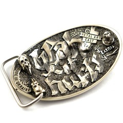 German silver belt buckle tattooist with skull, Tattoo machine, Skull buckle