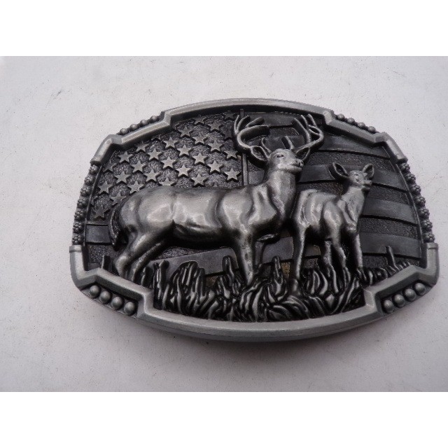 Silver Tone Deer Buck Doe American Flag Western Belt Buckle Patriotic Hunting