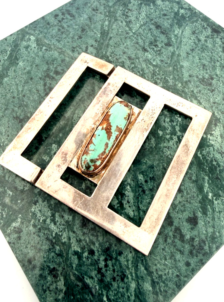Vintage Modernist Abstract Sterling Silver Turquoise Stone Belt Buckle