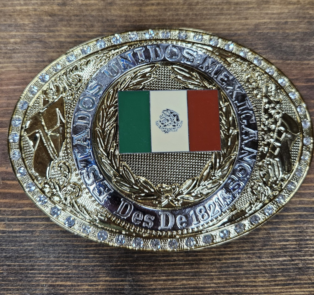 Large Oval Mexican Flag Western Cowboy Belt Buckle; Estados Unidos Mexicanos