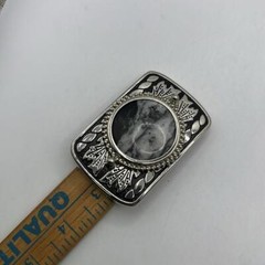 Vintage Silver Tone Black Belt Buckle Marble Stone Design Western Engraved