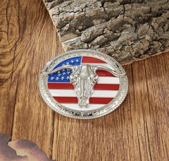 US Flag Western Longhorn Bull Horns Skull Enamel Belt Buckle Western Rodeo
