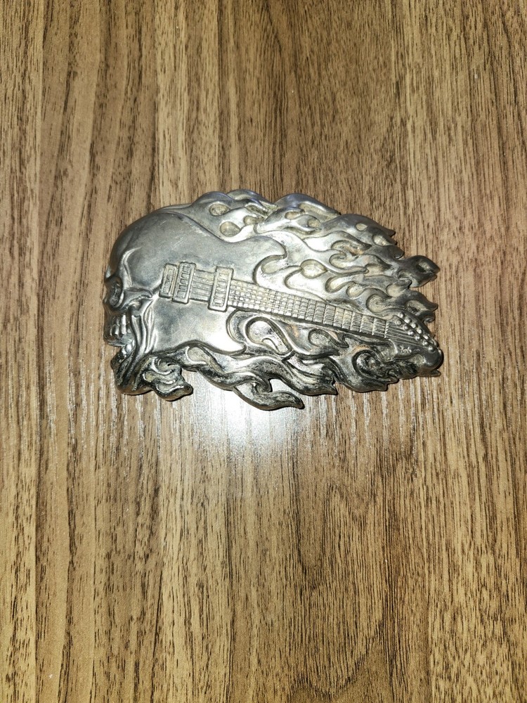 Skull Guitar Flame Belt Buckle 4 3/8&Prime; x 2 3/4&Prime; Heavy Metal Rock N Roll