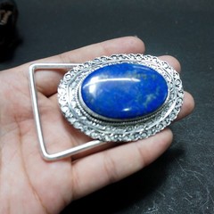 Handcrafted 925 Sterling Silver Natural Lapis Lazuli Oval Cabochon Belt Buckle