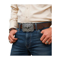 New Men Silver Metal Buckle Western Fashion Bull Long Horns Texas Cow Oval Shape