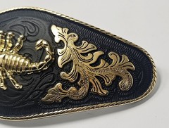 Men&rsquo;s Western Black & Gold Scorpion Emblem Filigree Metal Cowboy Belt Buckle