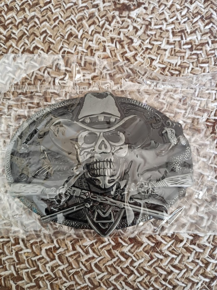 Western Skull Buckle Cowboy Hat Black Silver Rodeo Buckle New Sealed