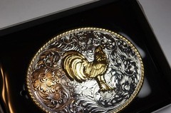 NOCONA SILVER & Gold tone OVAL STANDING ROOSTER Belt Buckle 37958