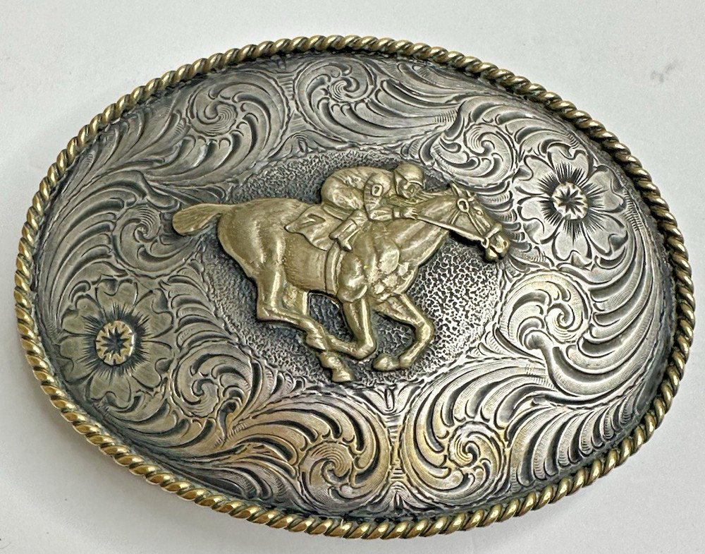 ADM Vintage Belt Buckle Jockey RaceHorse Lucky #7 Floral Brass Numbered Signed