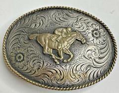 ADM Vintage Belt Buckle Jockey RaceHorse Lucky #7 Floral Brass Numbered Signed