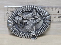 Vintage EGE Belt Buckle Silver Tone Western Saddle Engraved 3.5&Prime; Made in USA