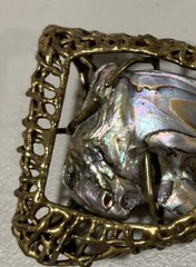 Men&rsquo;s Ornate Handcrafted Belt Buckle W/ Large Abalone Insert, Gold Tone, UNIQUE!
