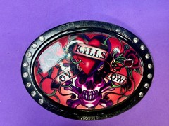 Ed Hardy Love Kills Slowly Signature Tattoo Skull with Rhinestones Belt Buckle