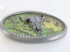 New Skull Bull Steer Cow Belt Buckle Green Camo Background in Package