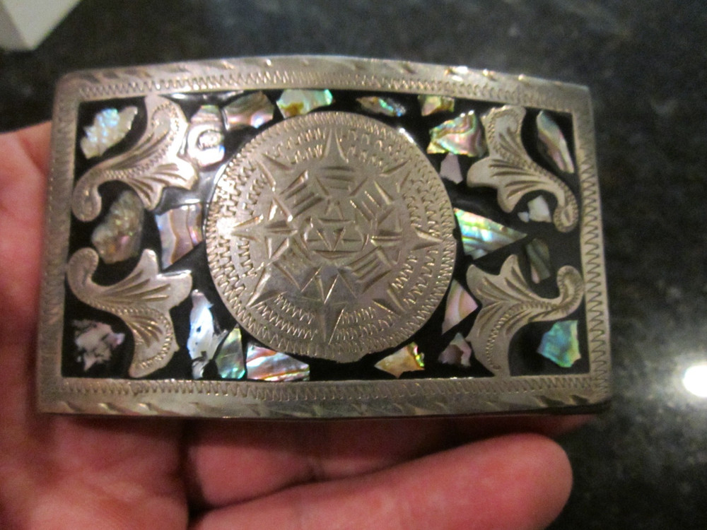 VINTAGE ALPACA SILVER SUNDIAL BELT BUCKLE MOTHER OF PEARL INLAY – GW-26