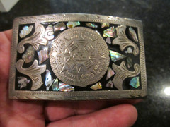 VINTAGE ALPACA SILVER SUNDIAL BELT BUCKLE MOTHER OF PEARL INLAY – GW-26