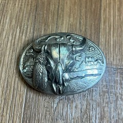 Buffalo Skull Horns Steel Belt Buckle Cowboy Native Western Oval Desert Scene