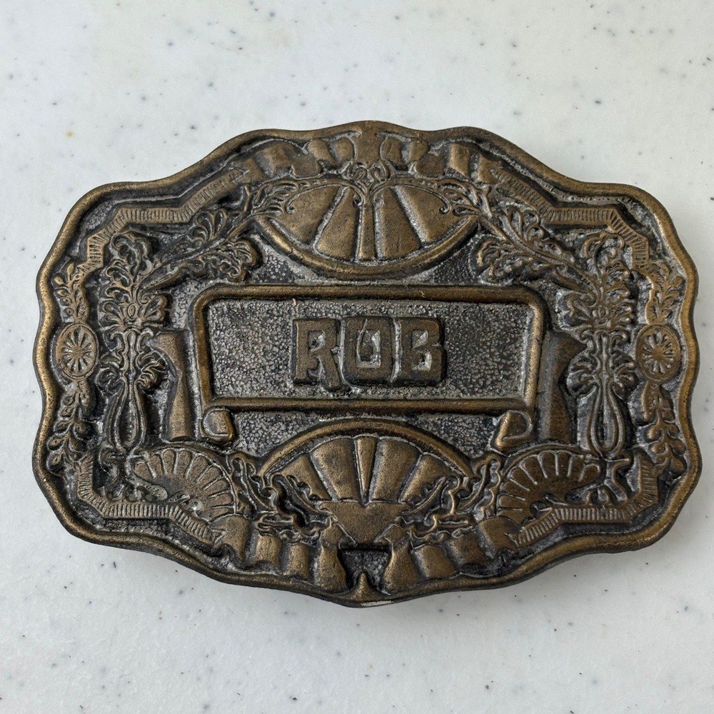 Vintage Oden Inc Brass Belt Buckle &lsquo;Rob&rsquo; Name Western Scalloped Ornate Antique