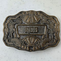 Vintage Oden Inc Brass Belt Buckle &lsquo;Rob&rsquo; Name Western Scalloped Ornate Antique