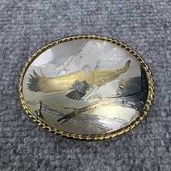 Bald Eagle Mountain Scene Belt Buckle Made in USA Western Gold Trim Wildlife VTG