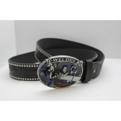 Welder Belt Buckle with Black Studded Floral Embossed Western Strap Mens