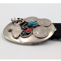 VTG Southwest Belt Buckle Elk Buffalo Nickel Blue Red Stones Sz 36/Large Signed