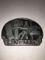 Vtg 80s Great American Belt Buckle Telephone Lineman Pewter 1983 C&J Inc