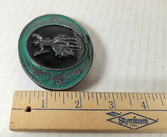VTG 91 Siskiyou Belt Buckle Native American Warrior Horse Green Enamel USA