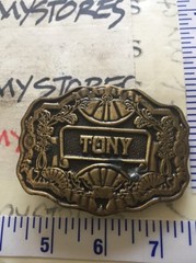 Vintage TONY Brass Belt Buckle approx 5oz. 3&Prime; wide – name personalized Oden Inc.