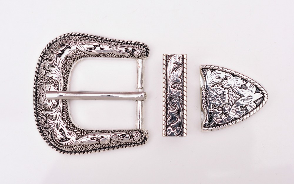 Western Rodeo Floral Engraved Silver 2-Tone Belt Buckle Set Fit 30mm Wide Straps