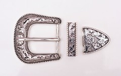 Western Rodeo Floral Engraved Silver 2-Tone Belt Buckle Set Fit 30mm Wide Straps
