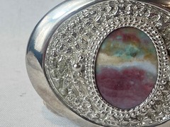 Vtg Western Style Belt Buckle Silvertone And Polished Flat Multicolor Stone