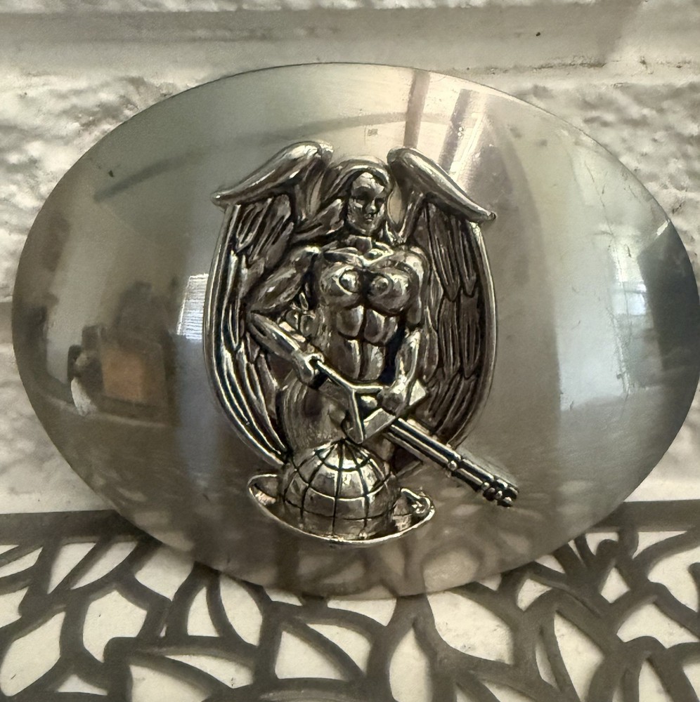 Men&rsquo;s Oval Silver Metal Belt Buckle Angel Military Western Style Fits 1.5in