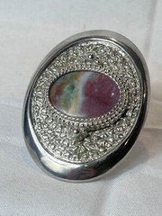 Vtg Western Style Belt Buckle Silvertone And Polished Flat Multicolor Stone