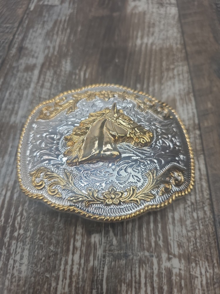 Western Belt Buckle Gold And Silver Colored Horse Head Cowboy Western Wear