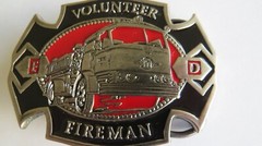 VOLUNTEER FIREMAN Belt Buckle Fire Truck Black Red Enamel F.D.