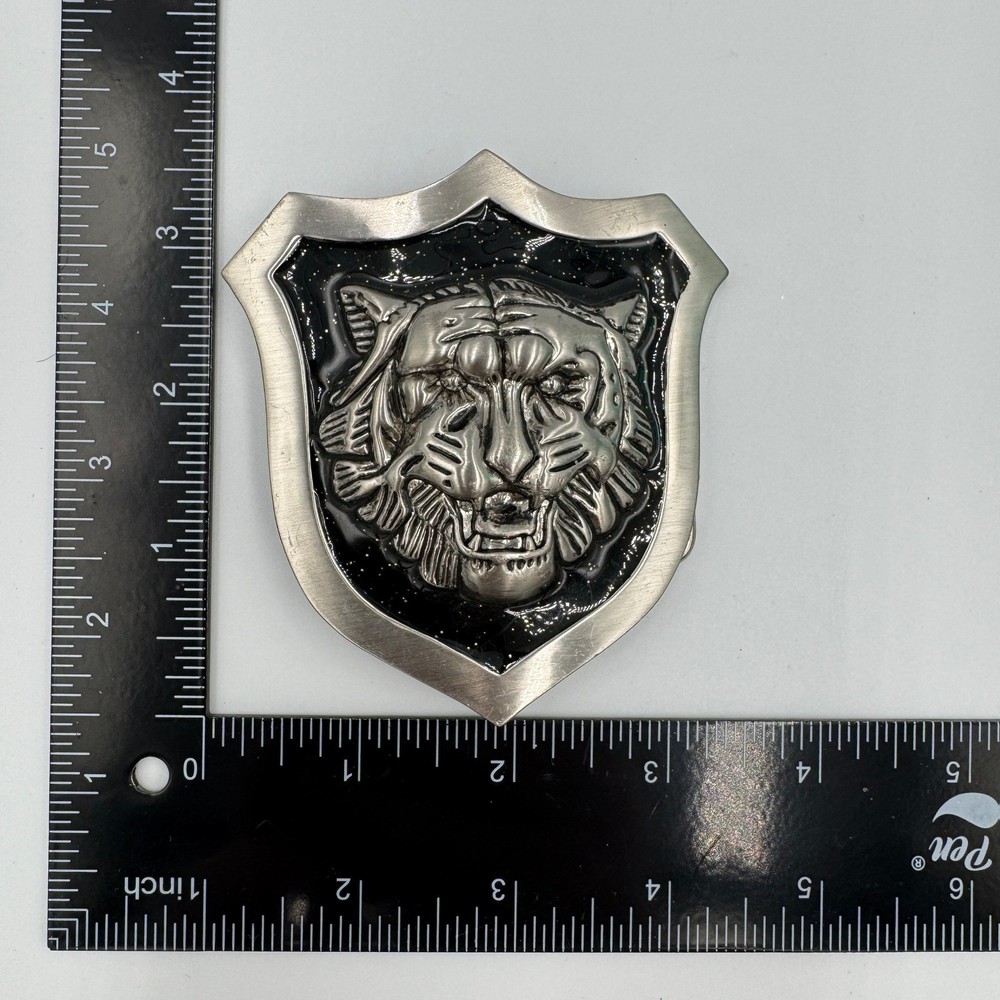 Tiger Head Shield Belt Buckle Silver Tone Black Enamel 3D Relief Mens
