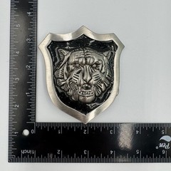 Tiger Head Shield Belt Buckle Silver Tone Black Enamel 3D Relief Mens