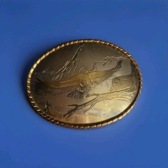 VTG Bald Eagle Mountain Scene Belt Buckle USA Western Gold Trim Wesco/Walsco