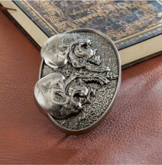 Double Skull Belt Buckle for Men, American Western Cowboy, Punk, Gothic, Silver