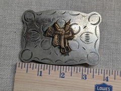 vintage JUSTIN belt buckle NICKEL SILVER equestrian SADDLE cowboy WESTERN rodeo