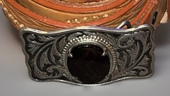 Black Agate Cabochon Stone Buckle & Leather Belt Silver Tone Accents Size 46
