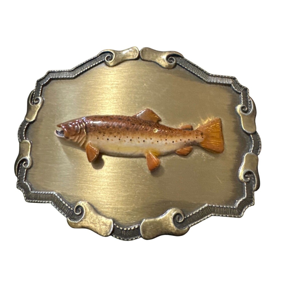 Fisherman Belt Buckle Game Fish Chinook Salmon Trout Vintage Fishing Hunting