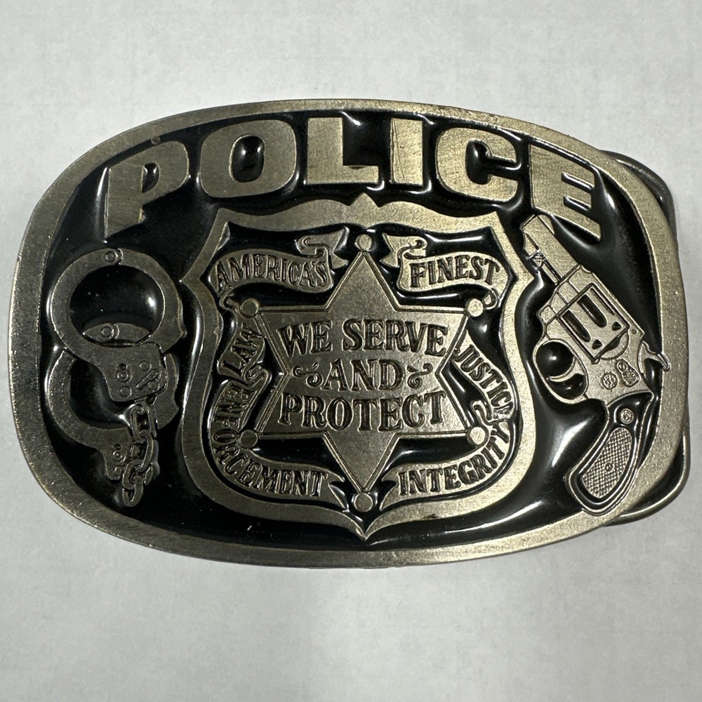 Metal Police Belt Buckle by Buckle Bakery 1988 #1654 Made in USA Serve & Protect