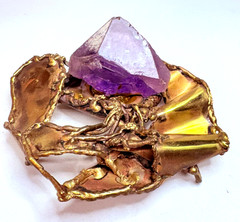 Vintage Brutalist Modern Amethyst Brass Belt Buckle